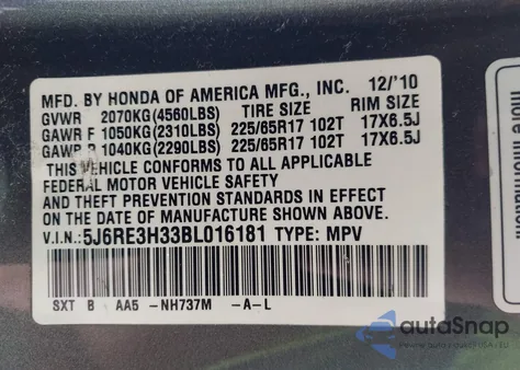 2011 Honda Cr-V Lx из США, поврежденный, VIN 5J6RE3H33BL016181